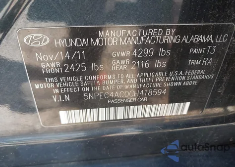 2012 Hyundai Sonata Limited z USA, uszkodzony, nr VIN 5NPEC4AC0CH418594
